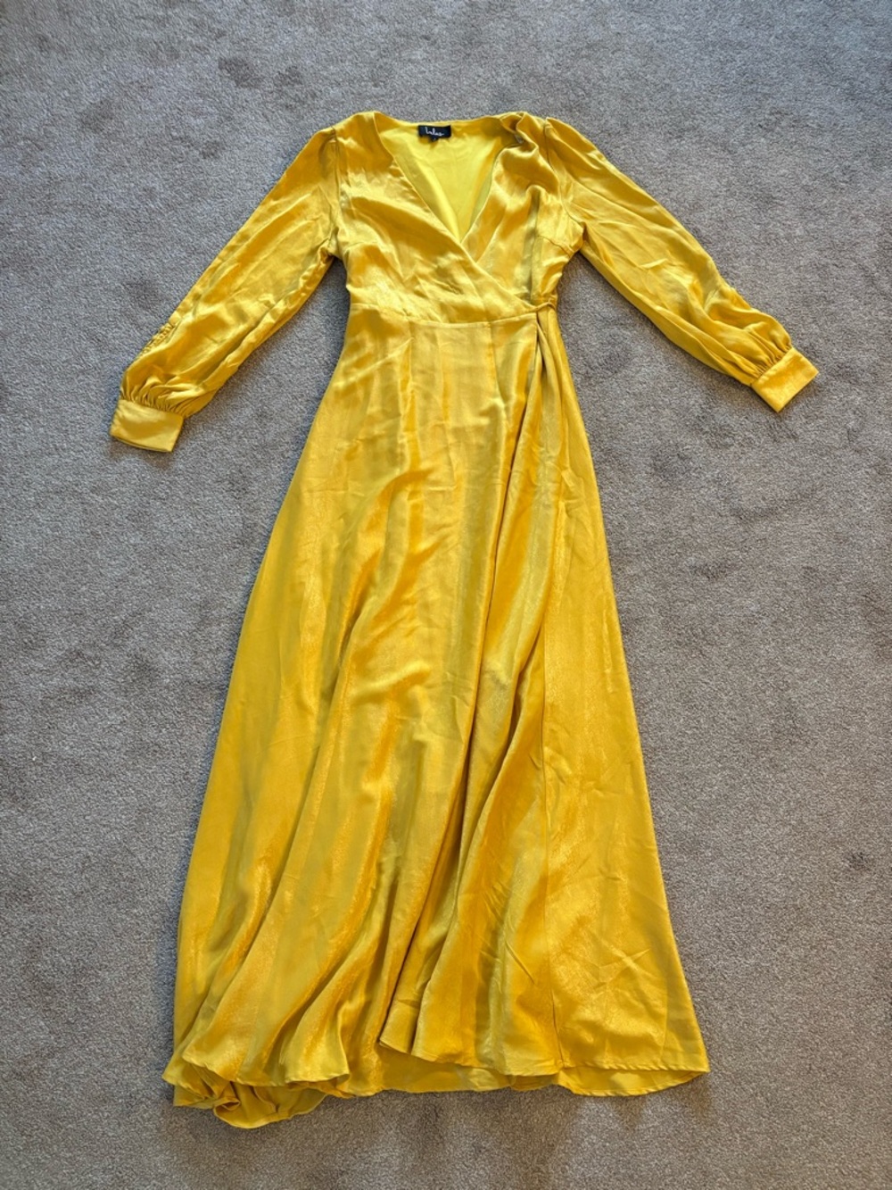 Lulu’s Have Faith Yellow Satin Wrap Maxi Dress Long Sleeve Cuff Button Large